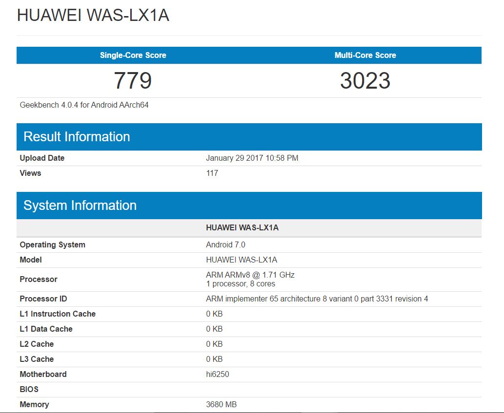 Huawei P10 Lite geekbench listing