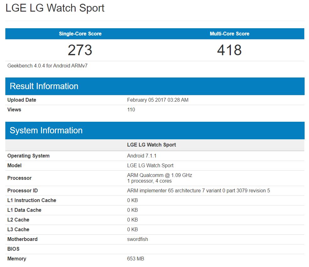 LG Watch Sport Geekbench listing