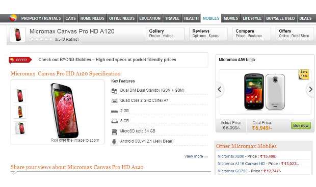 Micromax Canvas Pro HD