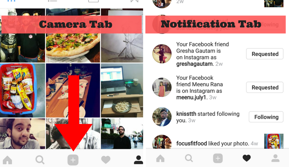 Instagram: Camera Tab, Notificatio tab