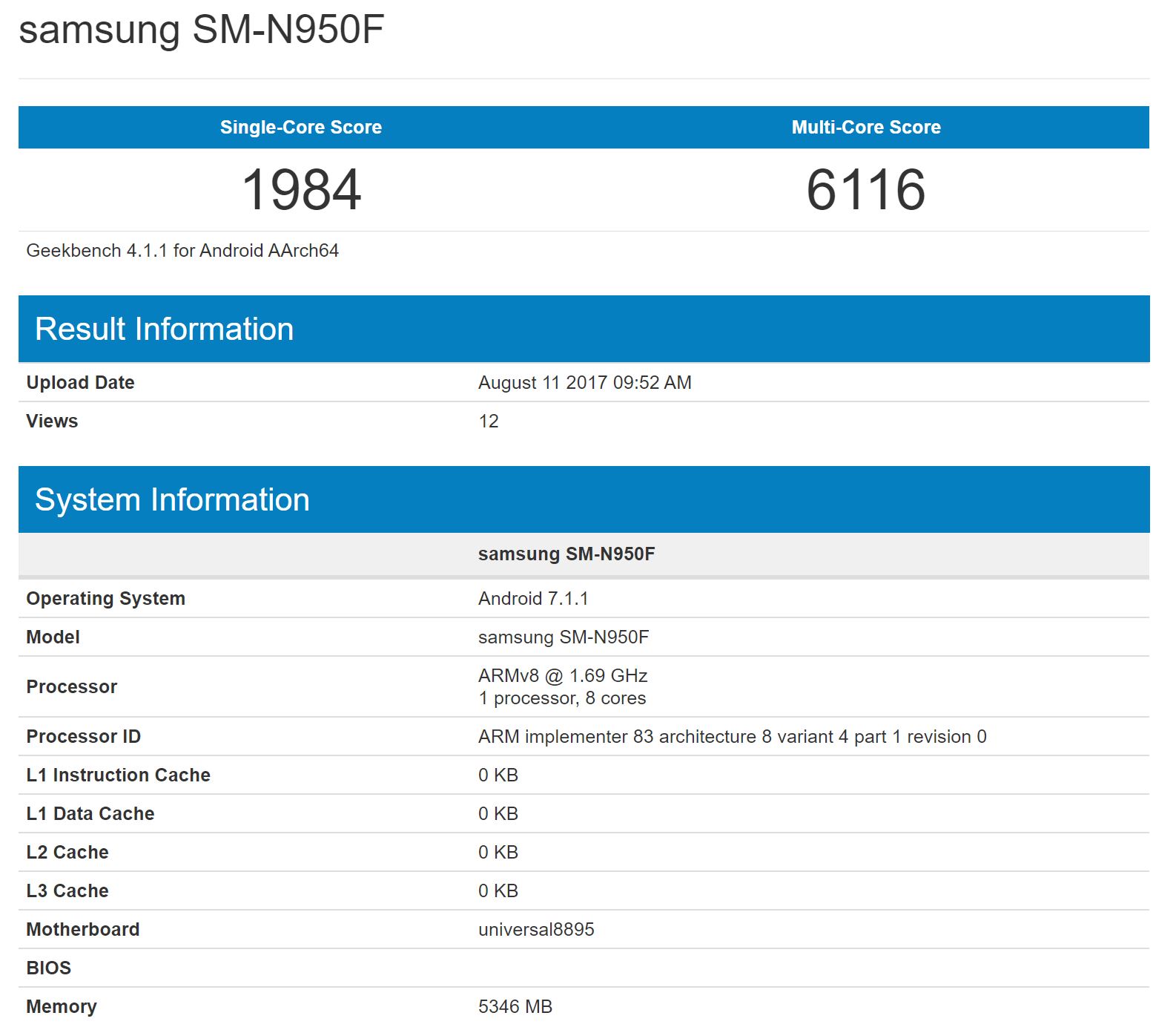 Samsung Galaxy Note 8 Geekbench listing