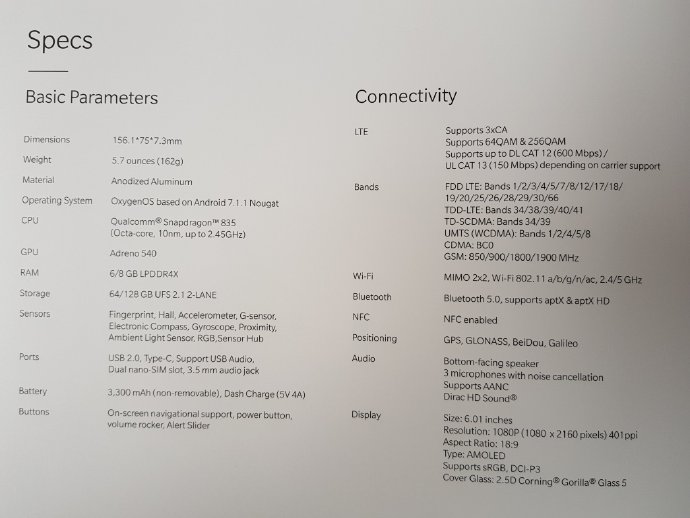 OnePlus 5T specs