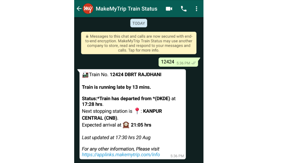 IRCTC train status through WhatsApp