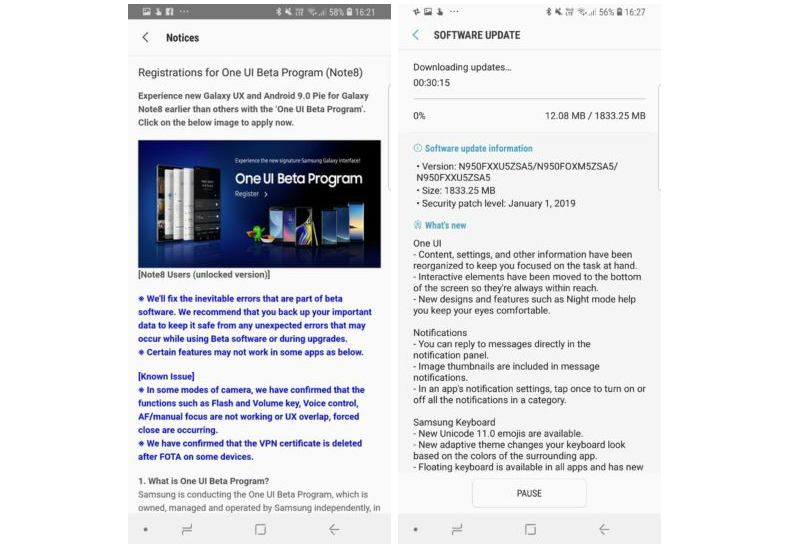 Samsung Galaxy Note 8 Android Pie beta