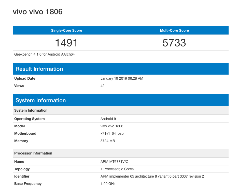 Vivo V11 Android 9 Pie Geekbench