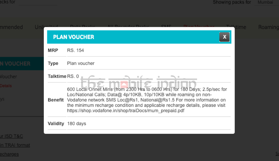 Vodafone Rs 154 prepaid plan voucher