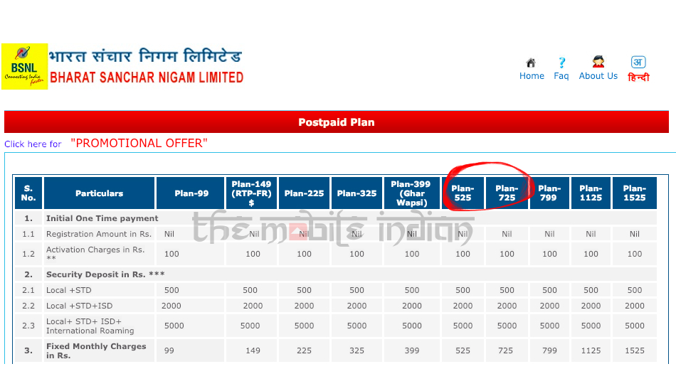 BSNL Rs 525 and Rs 725 postpaid plans