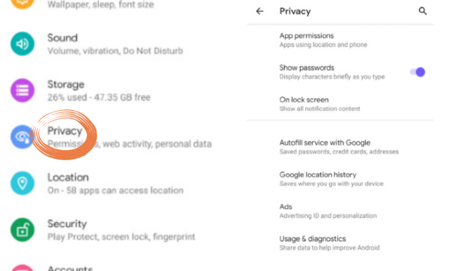 Android Q privacy section inside Settings