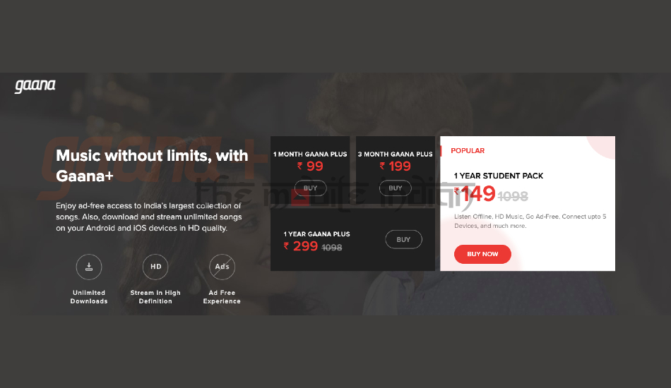 Gaana Plus subscriptions plans