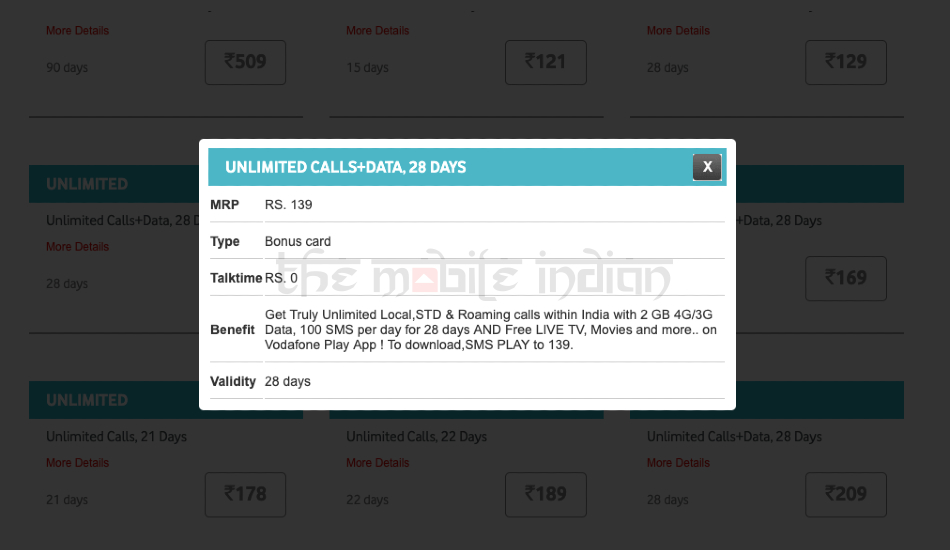 Vodafone Rs 139 prepaid plan