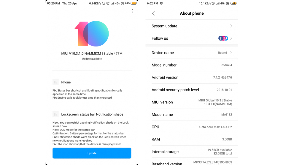 Xiaomi Redmi 4 MIUI 10.3 stable update