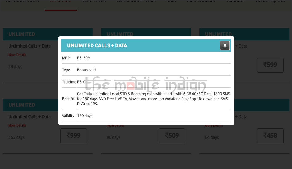 Vodafone Rs 599 prepaid plan