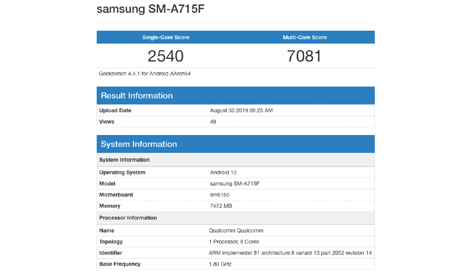 Samsung Galaxy A71 Geekbench