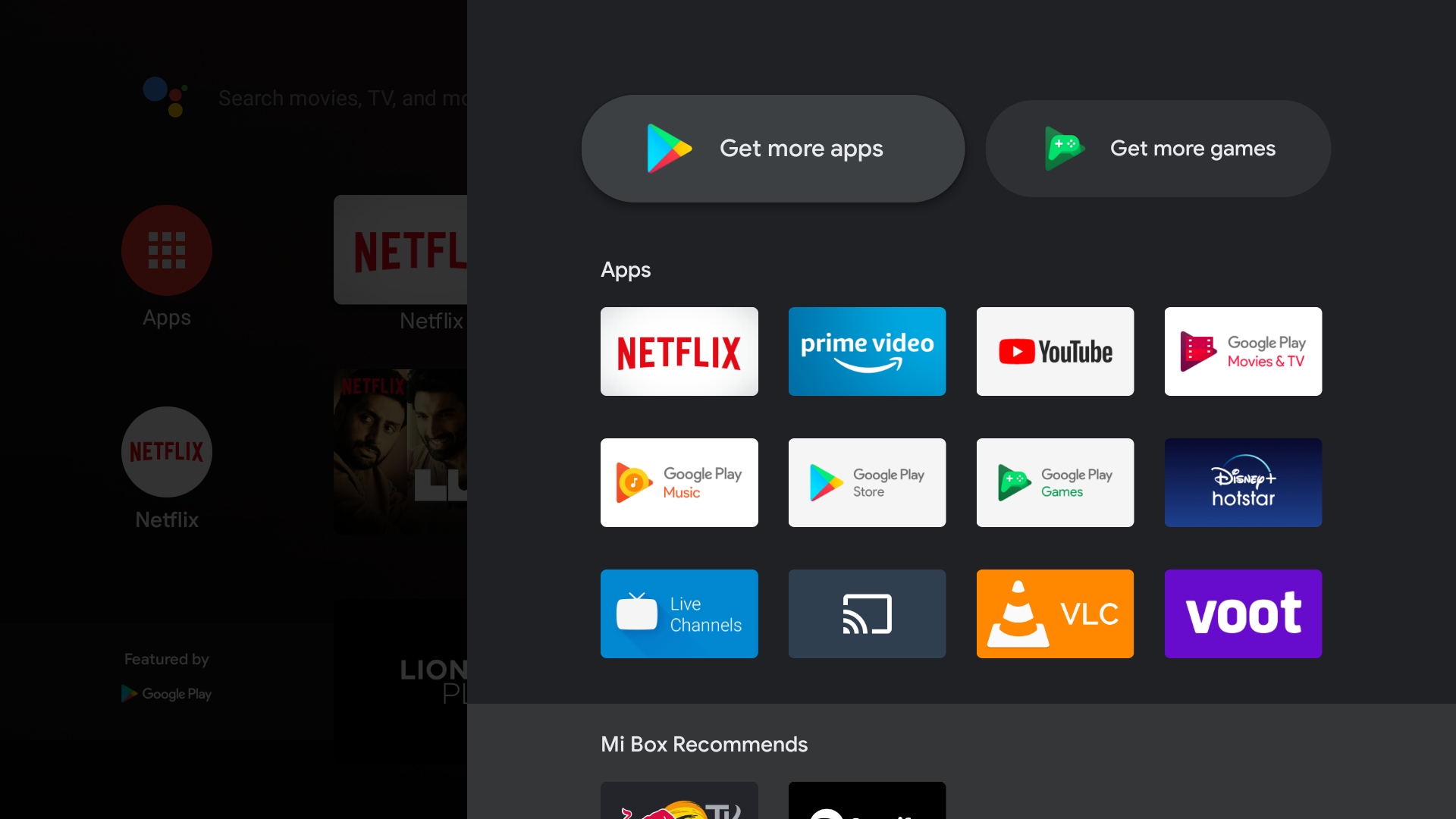 Mi Box app menu