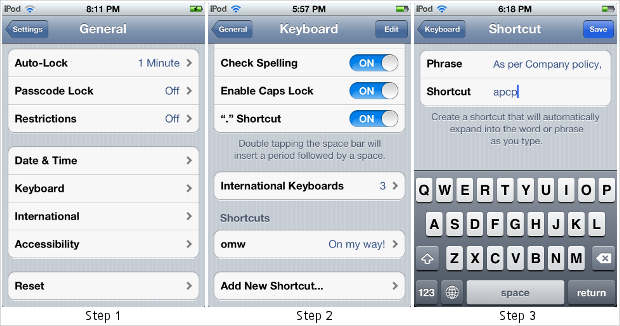 How to create keyboard shortcuts in iOS 5 devices