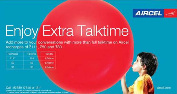 Aircel offers full talktime on recharges starting Rs 30