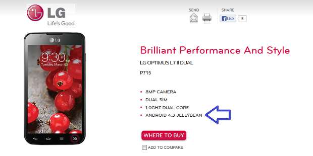 LG Optimus L7 II Jelly Bean OS mistakably published as 4.3