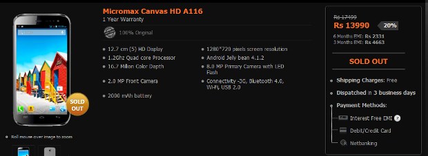 Micromax Canvas A116 Launched: SOLD OUT