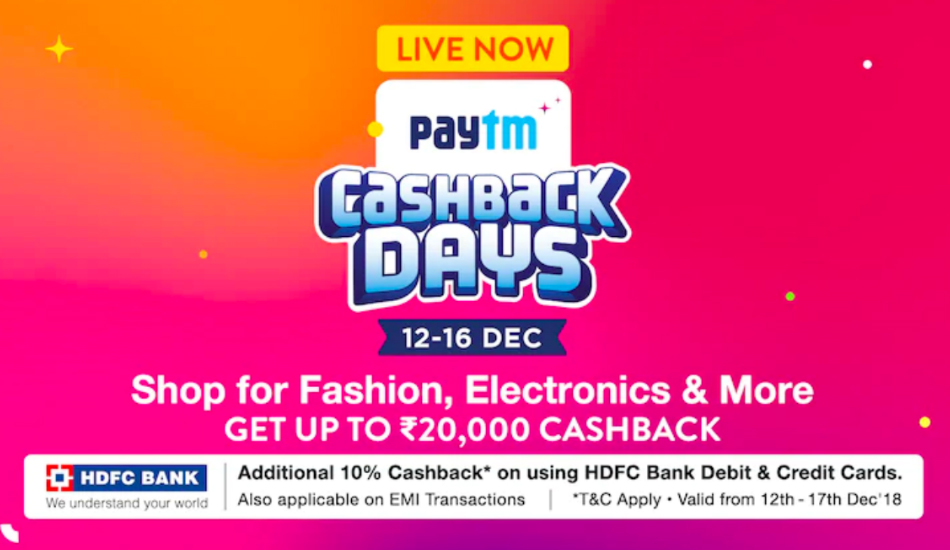 Paytm Cashback Days sale goes live during December 12 - 16