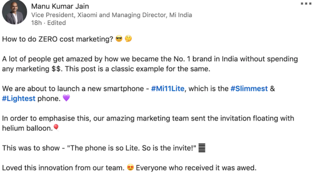 Manu Jain LinkedIn post