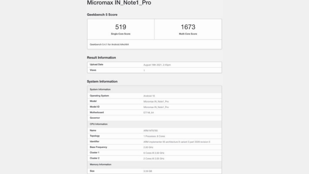 Micromax In Note 1 Pro Geekbench