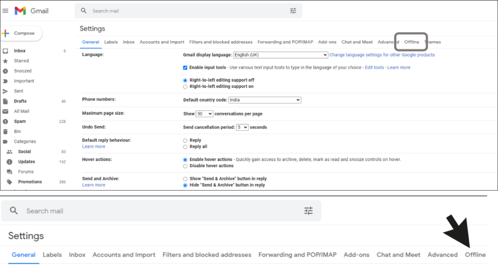 offlime gmail settings