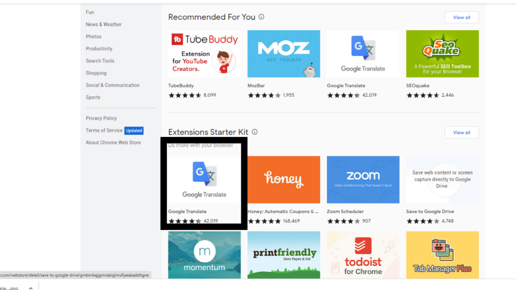 Google Chrome Web Store translate extension