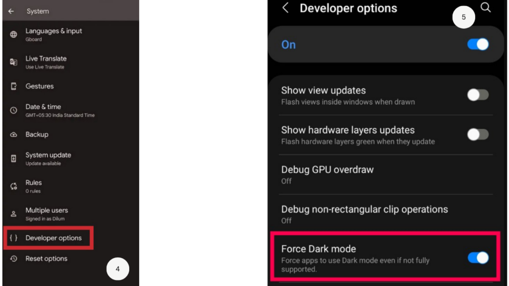 Step 4 and 5 to implement dark mode on android