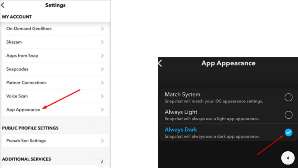 Step 3 and 4 to implement dark mode on iphone