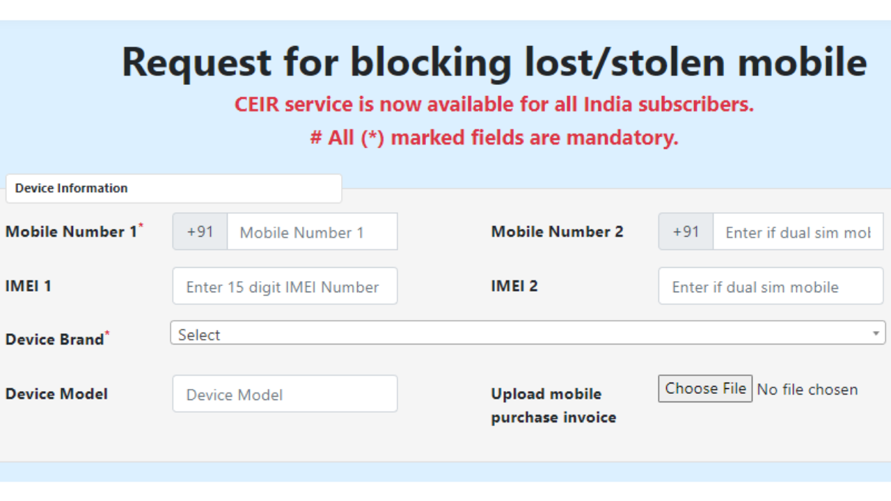 CEIR -Sanchar Saathi block mobile page