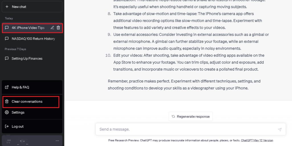 How-to delete ChatGPT conversation history