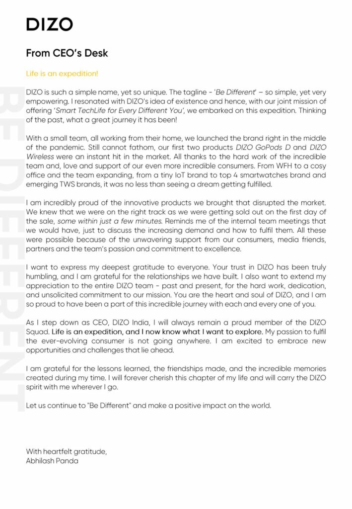 DIZO CEO's statement on his departure