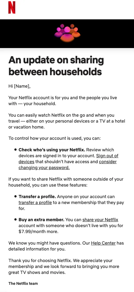 An email Netflix is sending out to subscribers who share their account outside their household