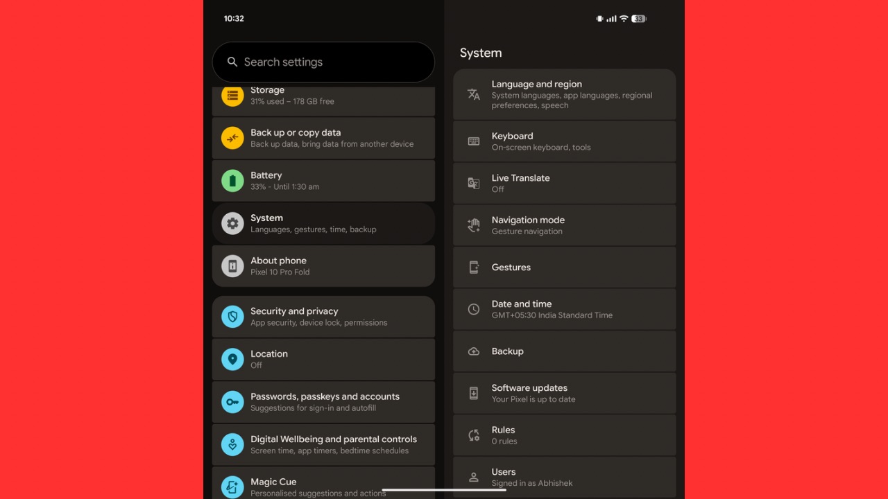 Pixel 10 Pro Fold system settings